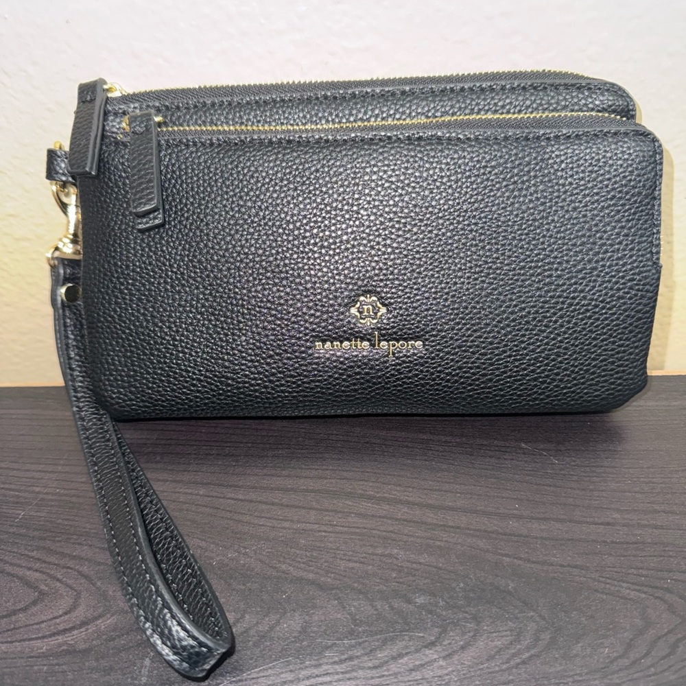 Nanette Lepore Textured Black Wristlet with Gold Accents